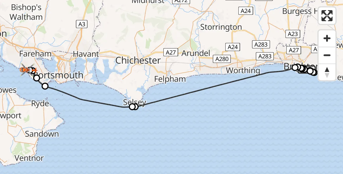Flight route Coastguard Helicopter Brighton - Solent Airport, 13 May 2026, 06:45