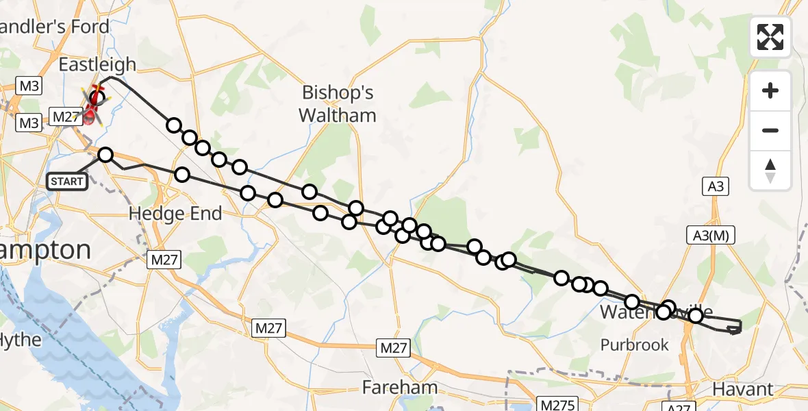 Flight route Air Ambulance Helicopter Bitterne Park - Southampton Airport, 13 May 2026, 06:52
