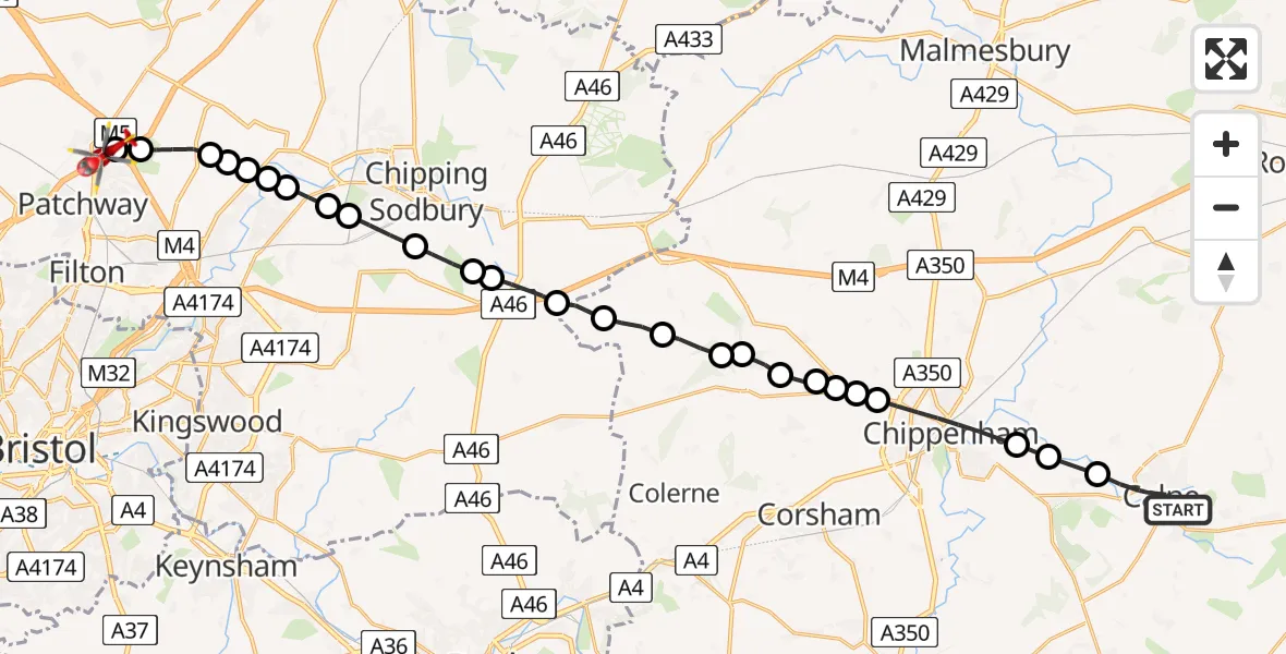 Flight route Air Ambulance Helicopter Calne - Almondsbury Helicopter Base, 13 May 2026, 07:15