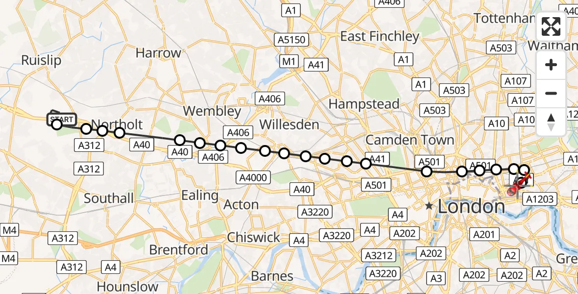 Flight route Air Ambulance Helicopter RAF Northolt - Royal London Hospital, 13 May 2026, 07:16