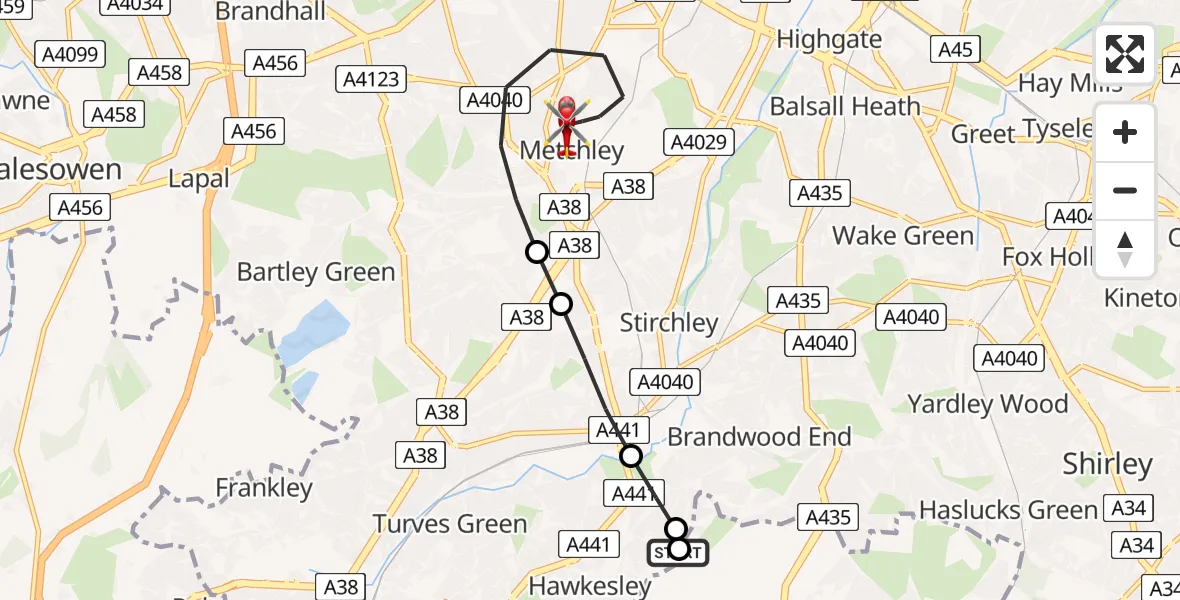 Flight route Air Ambulance Helicopter Hawkesley - Metchley, 13 May 2026, 07:18