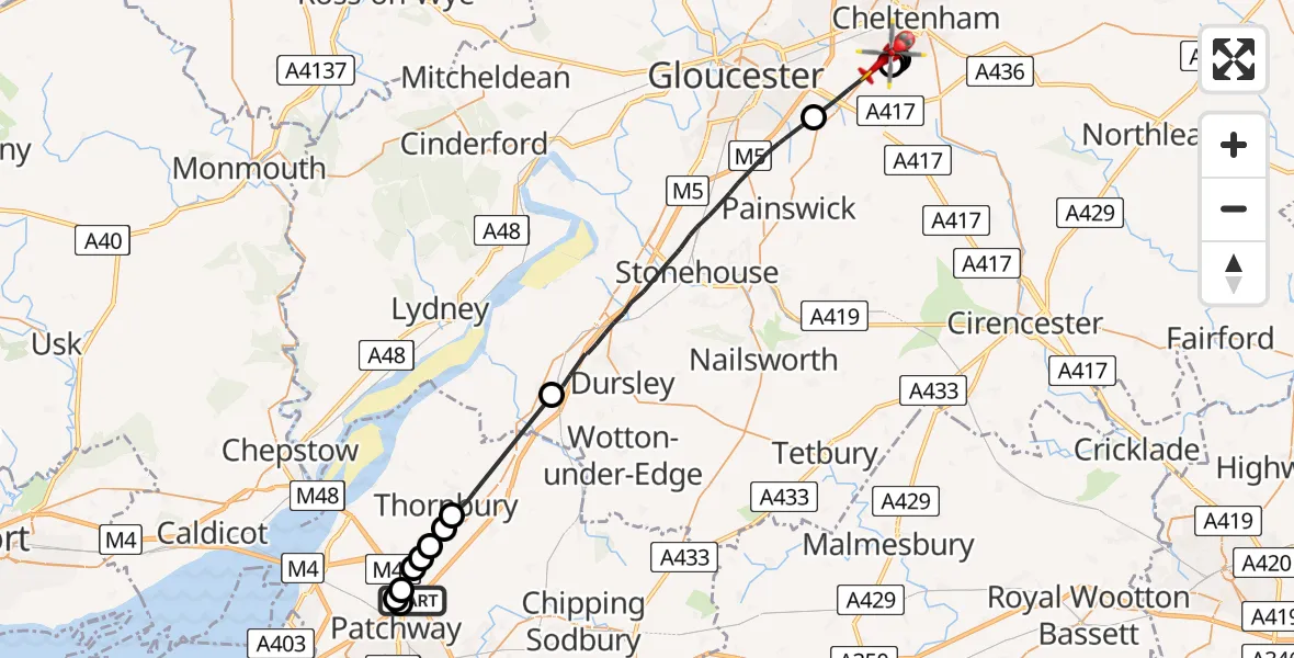 Flight route Air Ambulance Helicopter Almondsbury Helicopter Base - Tewkesbury, 13 May 2026, 07:32