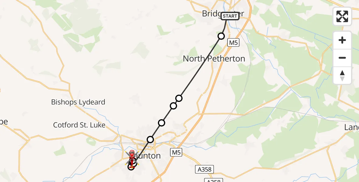 Flight route Air Ambulance Helicopter Bridgwater - Musgrove Hospital, 13 May 2026, 07:42