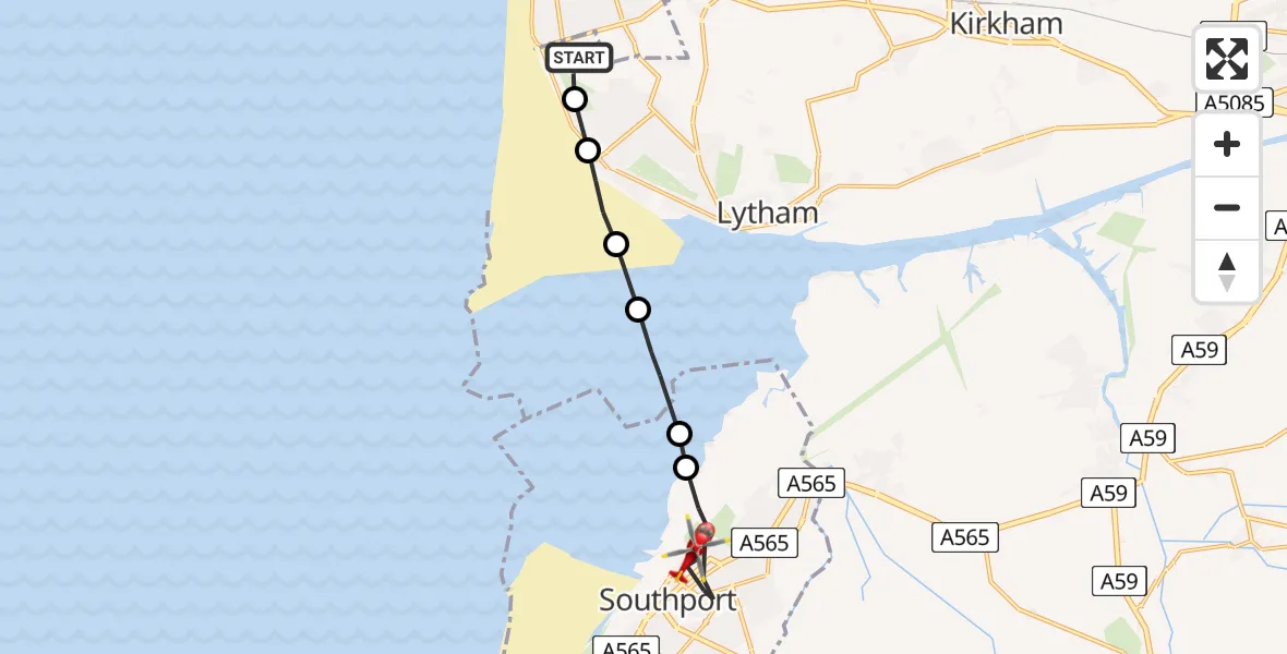 Flight route Air Ambulance Helicopter Blackpool Airport - Southport, 13 May 2026, 07:59