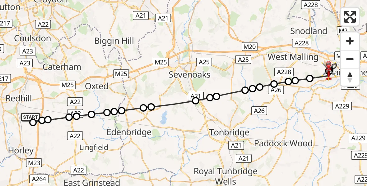 Flight route Air Ambulance Helicopter Redhill Aerodrome - Maidstone Hospital Heliport, 13 May 2026, 08:12
