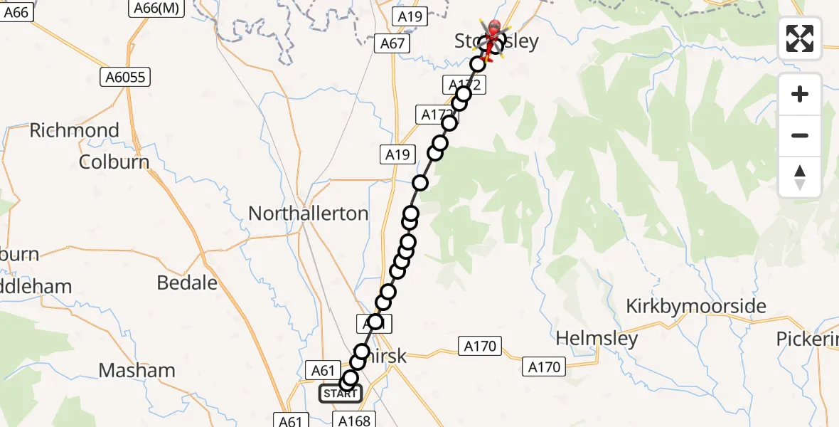 Flight route Air Ambulance Helicopter RAF Topcliffe - Stokesley, 13 May 2026, 08:15