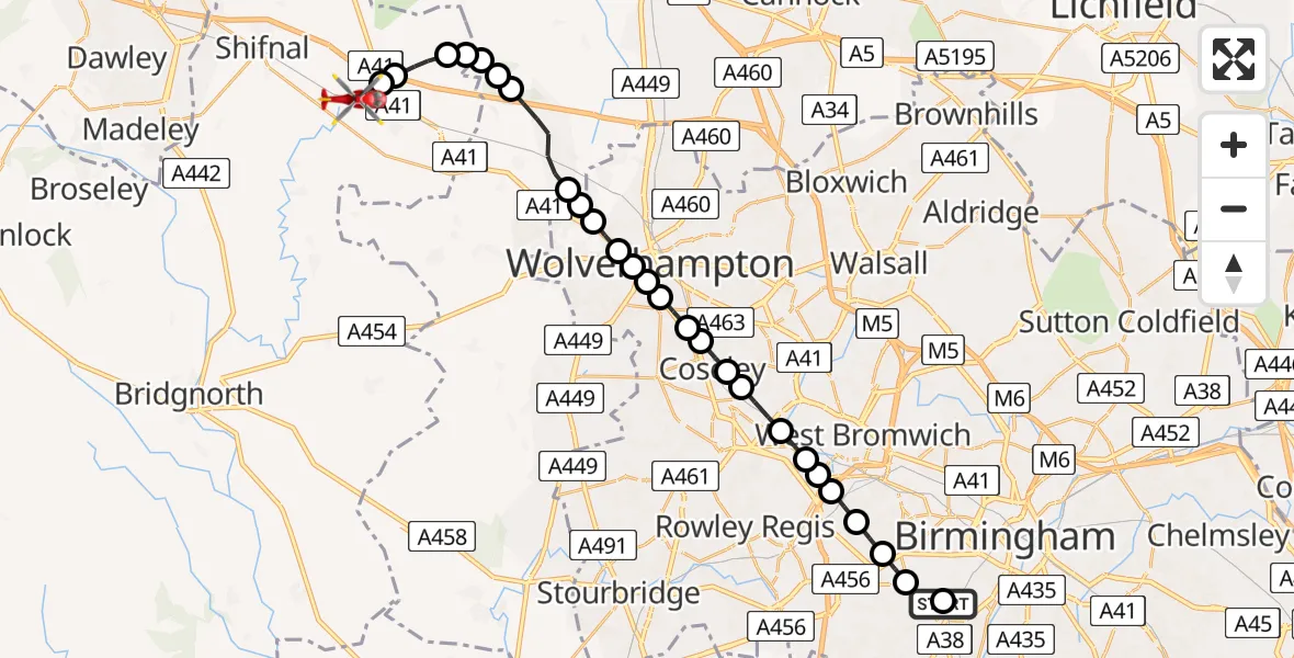 Flight route Air Ambulance Helicopter Queen Elizabeth Hospital Helipad - Cosford, 13 May 2026, 08:21
