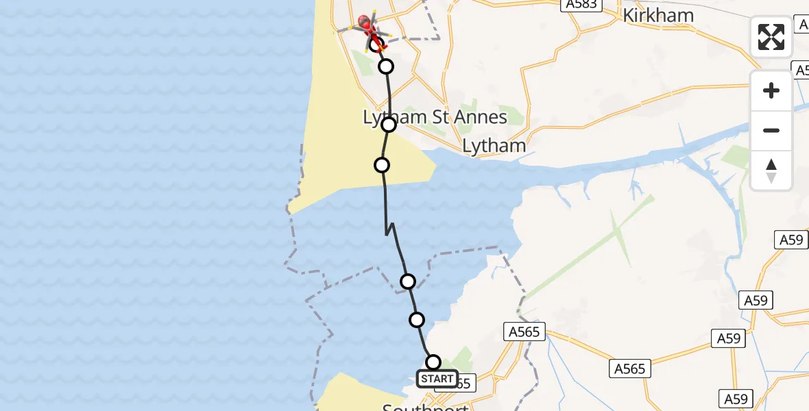 Flight route Air Ambulance Helicopter Southport - Blackpool Airport, 13 May 2026, 08:55