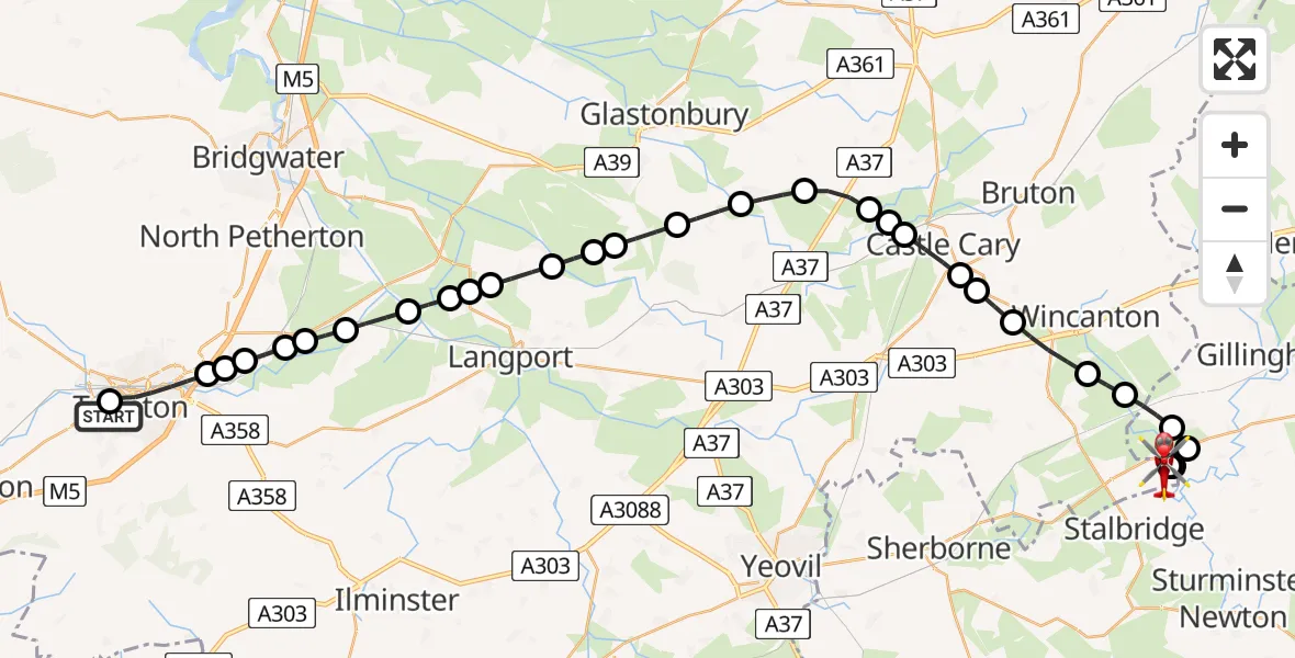 Flight route Air Ambulance Helicopter Musgrove Hospital - Henstridge Airfield, 13 May 2026, 08:57