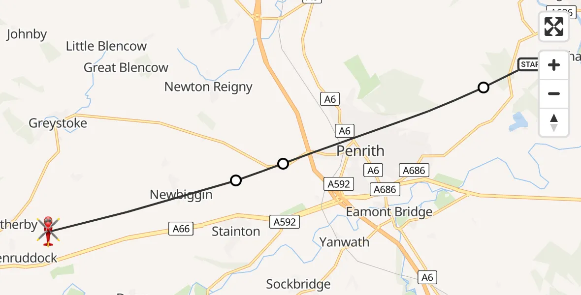 Flight route Air Ambulance Helicopter Edenhall - Greystoke, 13 May 2026, 09:23