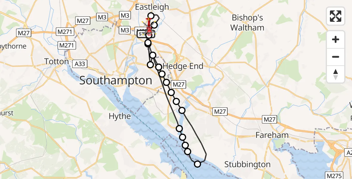 Flight route Air Ambulance Helicopter Southampton Airport - Southampton Airport, 13 May 2026, 09:23