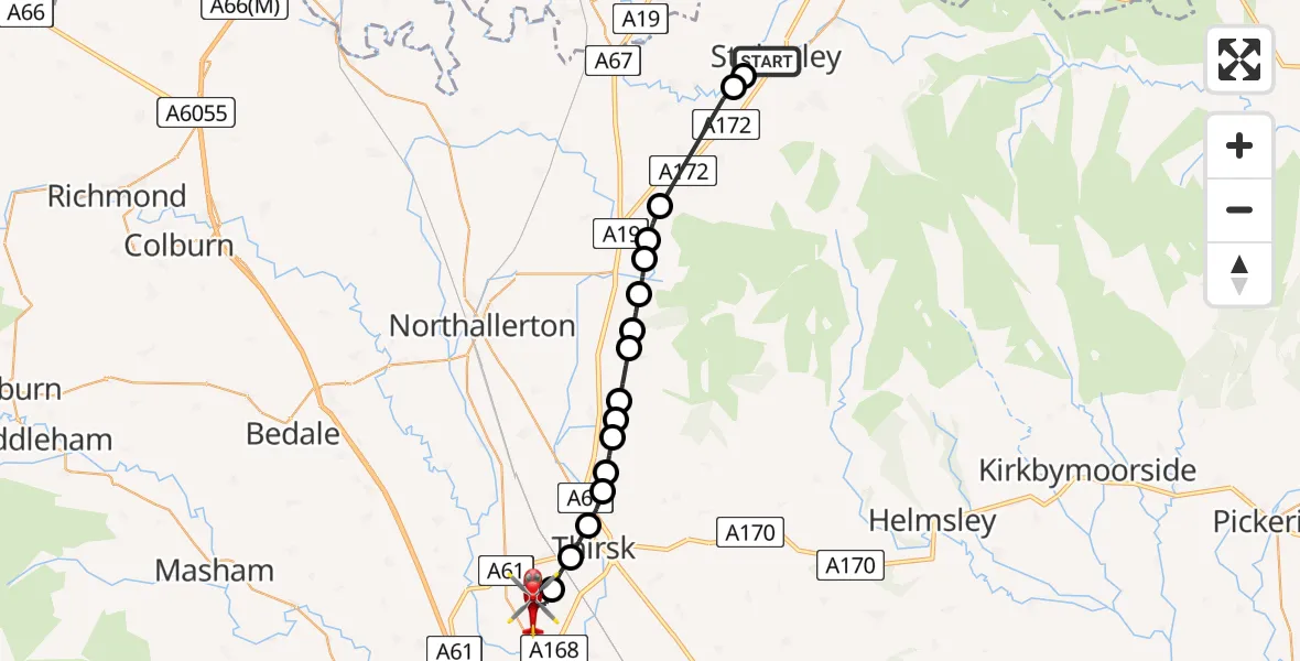 Flight route Air Ambulance Helicopter Stokesley - RAF Topcliffe, 13 May 2026, 09:28