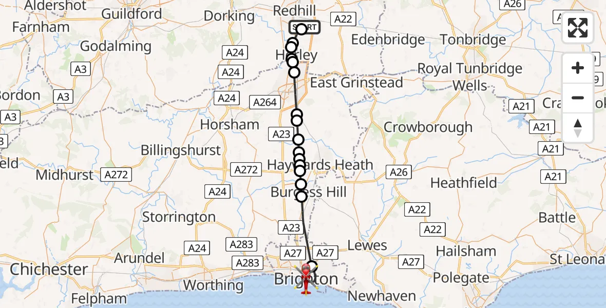 Flight route Air Ambulance Helicopter Redhill Aerodrome - Brighton, 13 May 2026, 09:35