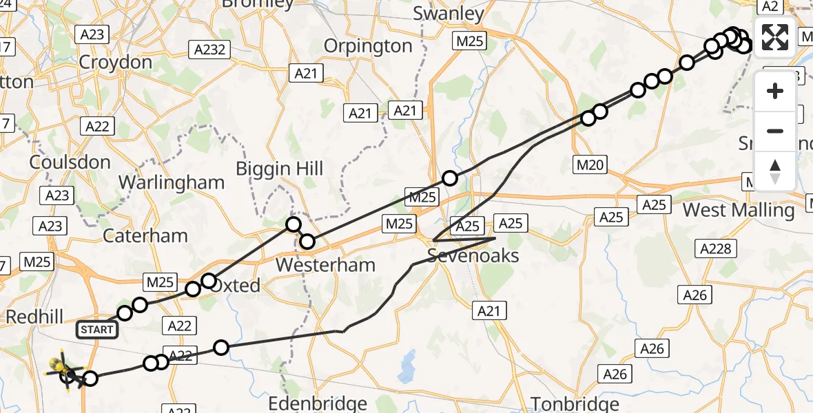 Flight route Police Helicopter Nutfield - Redhill Aerodrome, 13 May 2026, 09:42