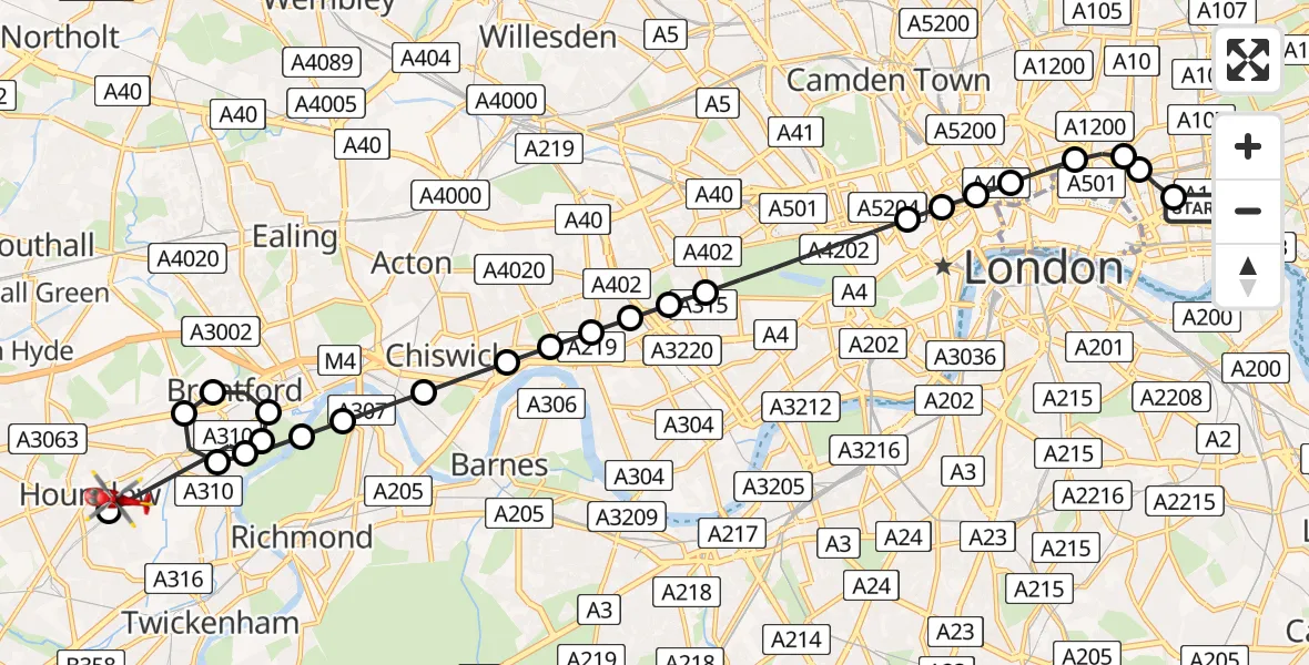 Flight route Air Ambulance Helicopter Royal London Hospital - Worton, 13 May 2026, 09:48