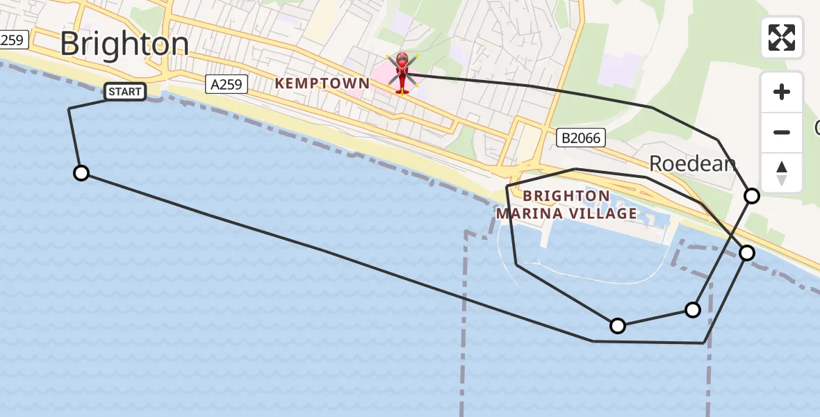 Flight route Air Ambulance Helicopter Brighton - Brighton, 13 May 2026, 09:55