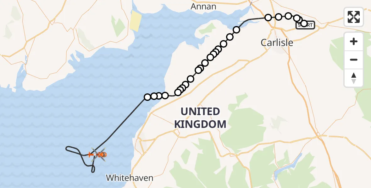 Flight route Coastguard Helicopter Carlisle Lake District Airport - Irish Sea, 13 May 2026, 10:07