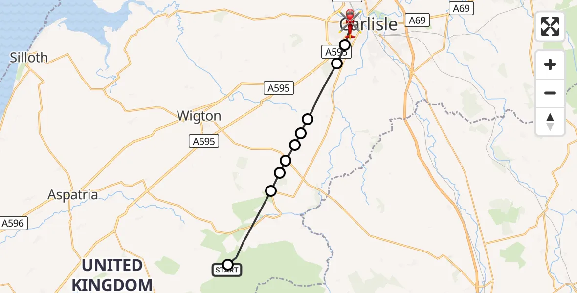Flight route Air Ambulance Helicopter Ireby and Uldale - Carlisle, 13 May 2026, 10:08