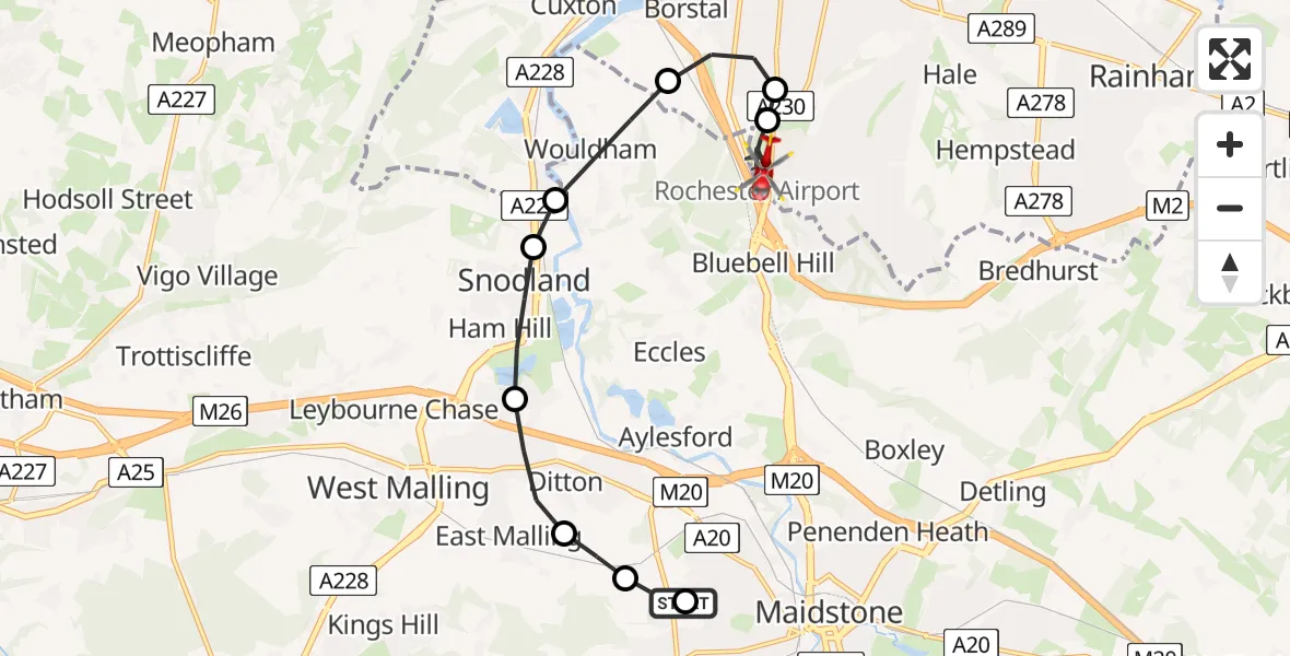 Flight route Air Ambulance Helicopter Maidstone Hospital Heliport - Rochester Airport, 13 May 2026, 10:09