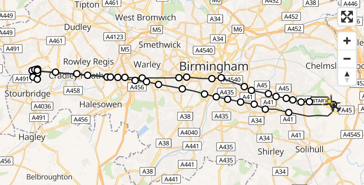 Flight route Police Helicopter Birmingham Airport - Birmingham Airport, 13 May 2026, 10:22