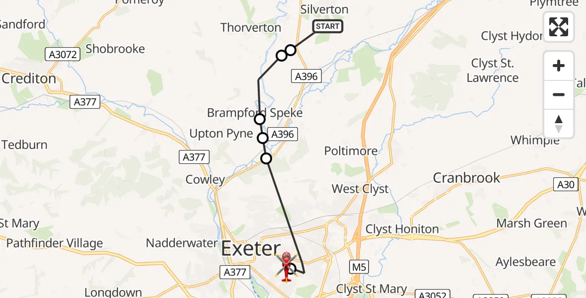 Flight route Air Ambulance Helicopter Silverton - Royal Devon & Exeter Hospital, 13 May 2026, 10:25