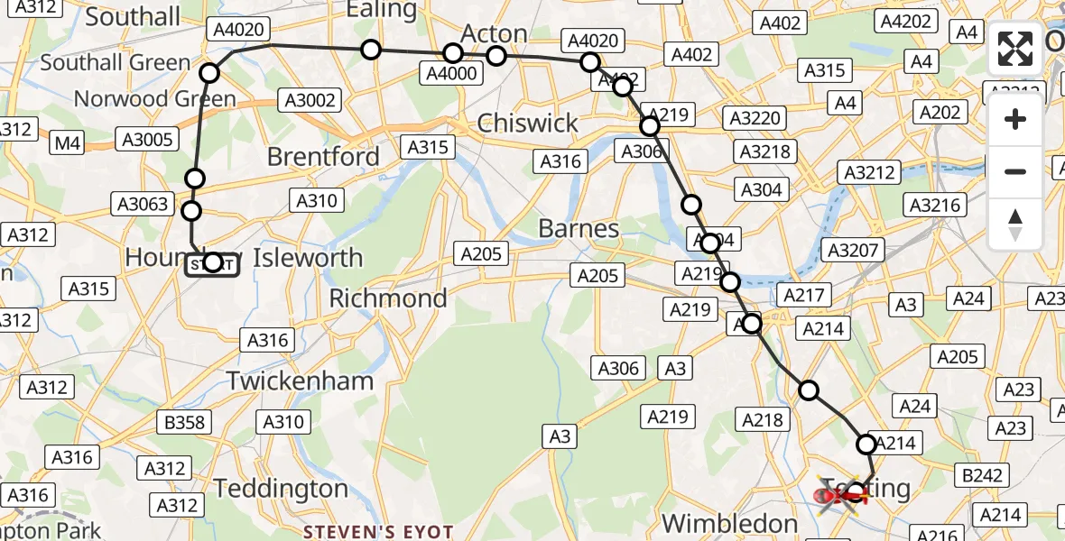 Flight route Air Ambulance Helicopter Worton - St Georges Hospital, 13 May 2026, 10:46