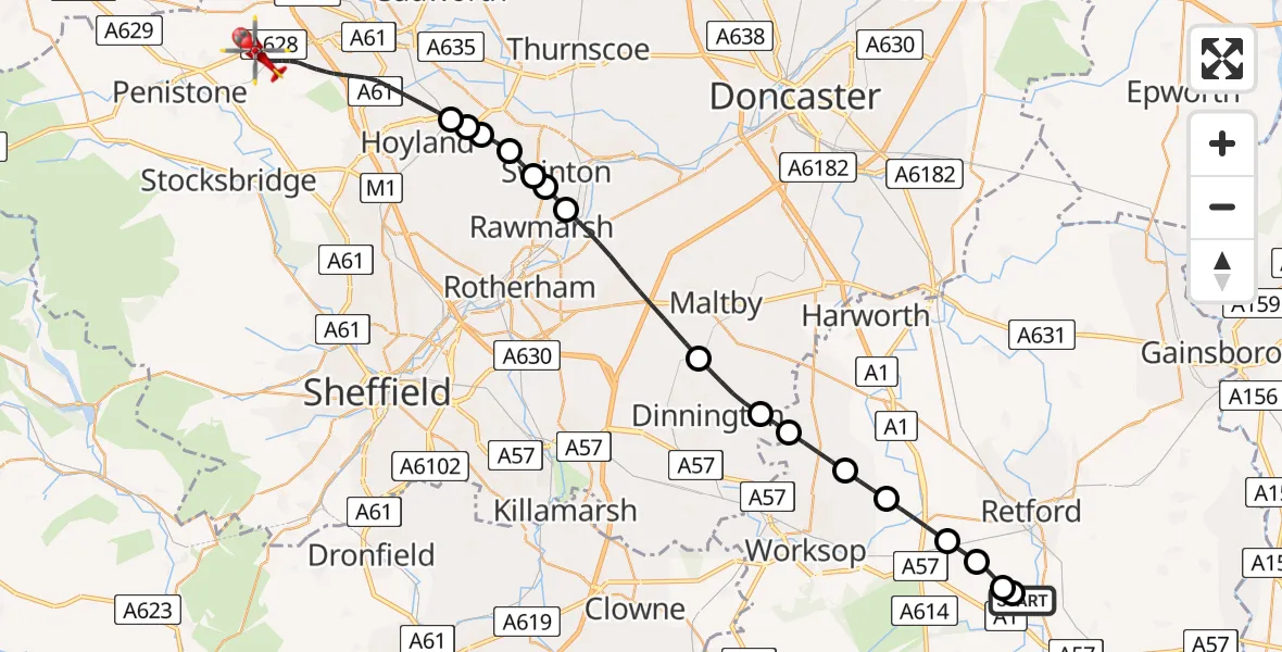 Flight route Air Ambulance Helicopter Retford Gamston Airport - Barnsley, 13 May 2026, 10:54