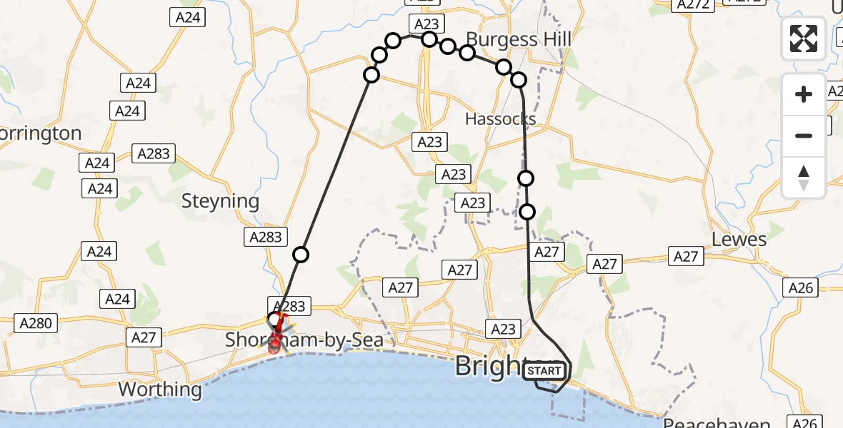 Flight route Air Ambulance Helicopter Brighton - Brighton City Airport, 13 May 2026, 10:56
