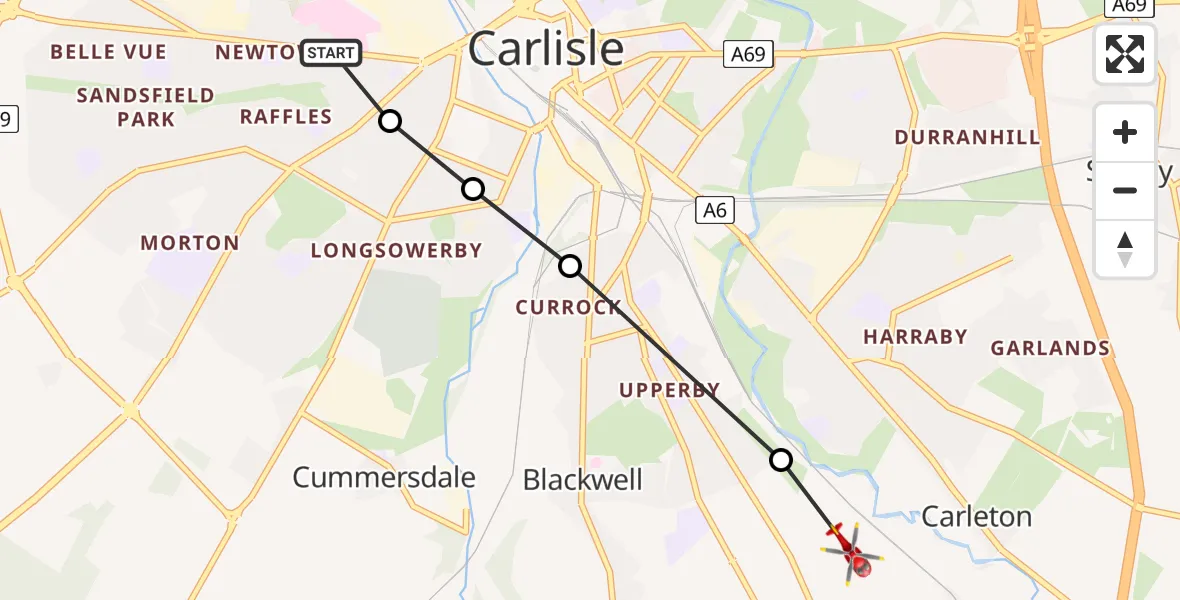 Flight route Air Ambulance Helicopter Carlisle General - Blackwell, 13 May 2026, 11:01