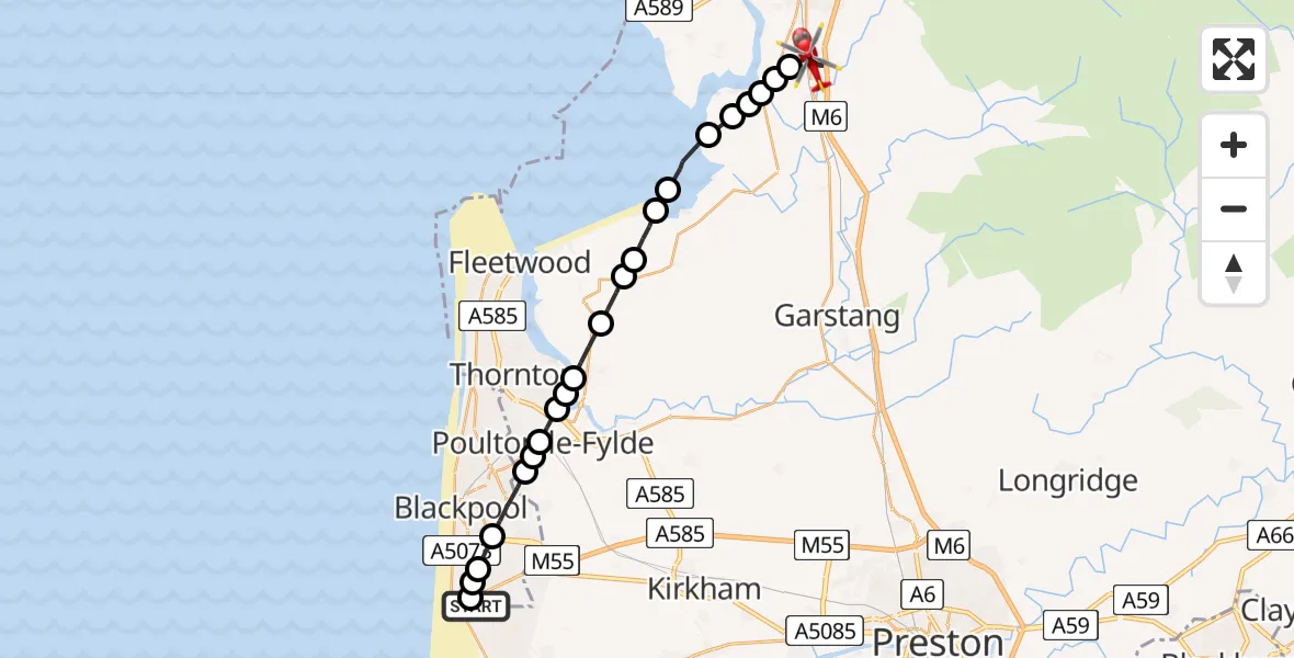 Flight route Air Ambulance Helicopter Blackpool Airport - Bailrigg, 13 May 2026, 11:04