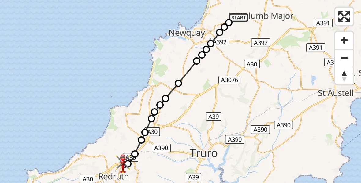 Flight route Air Ambulance Helicopter Cornwall Airport Newquay - Redruth, 13 May 2026, 11:12