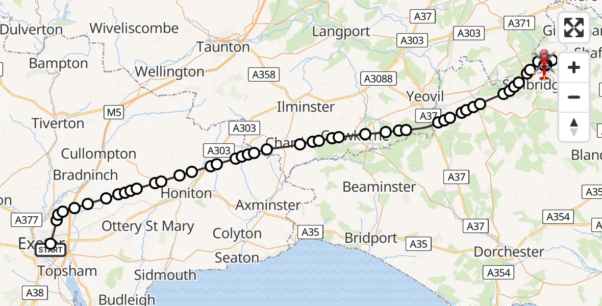 Flight route Air Ambulance Helicopter Royal Devon & Exeter Hospital - Henstridge Airfield, 13 May 2026, 11:12