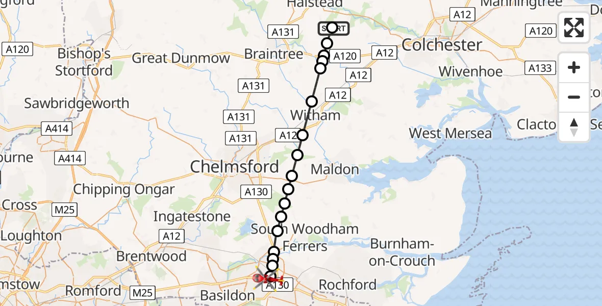 Flight route Air Ambulance Helicopter Earls Colne Airfield - Basildon, 13 May 2026, 11:17