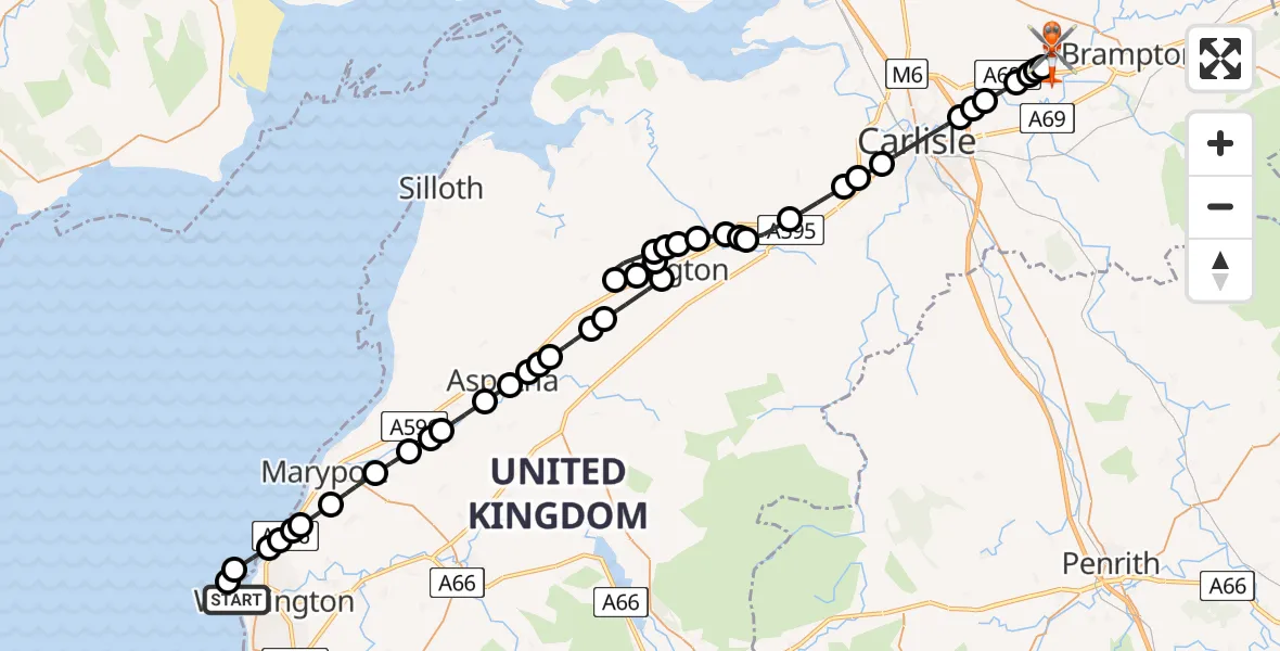 Flight route Coastguard Helicopter Workington - Carlisle Lake District Airport, 13 May 2026, 11:23