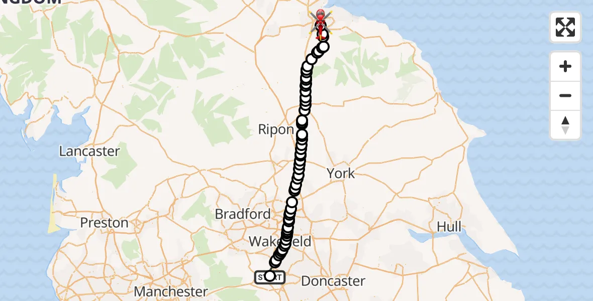 Flight route Air Ambulance Helicopter Barnsley - James Cook University Hospital, 13 May 2026, 11:33