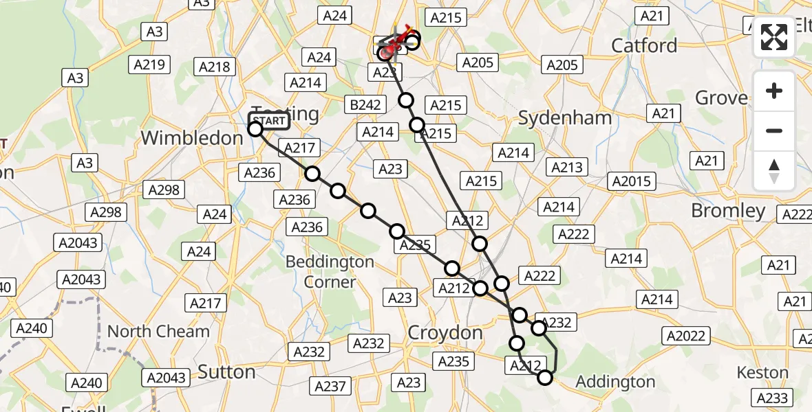 Flight route Air Ambulance Helicopter St Georges Hospital - Streatham Hill, 13 May 2026, 11:49