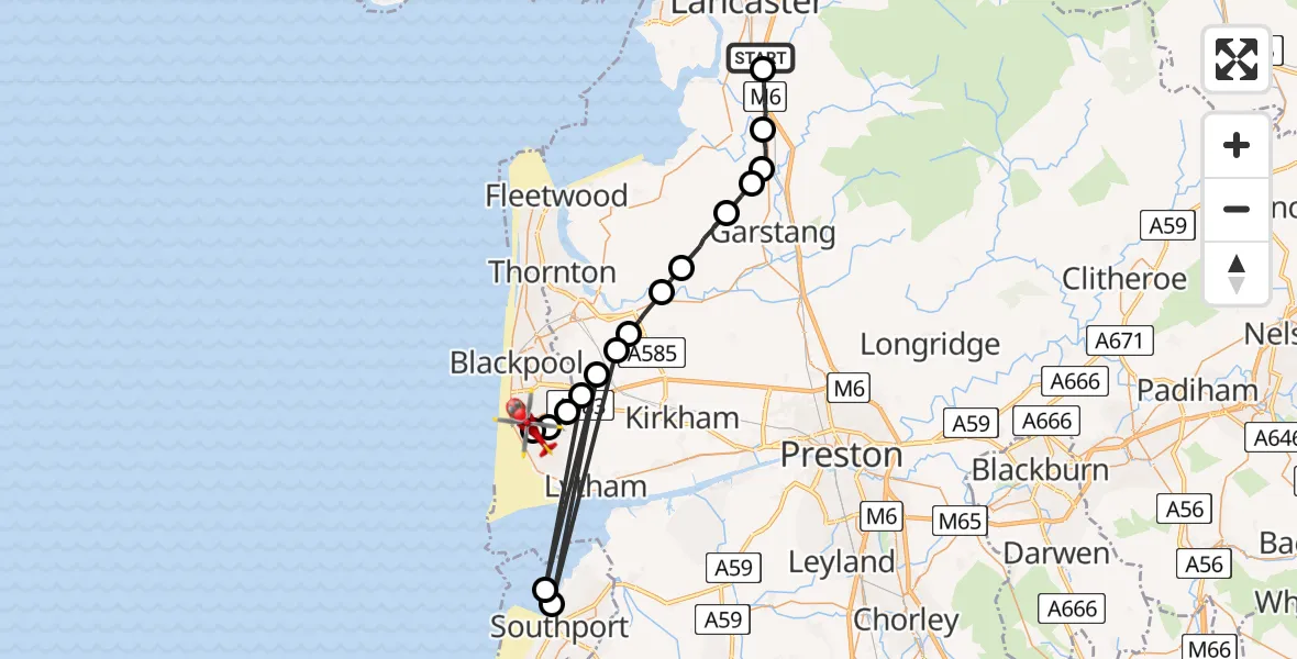 Flight route Air Ambulance Helicopter Bailrigg - Blackpool Airport, 13 May 2026, 12:02