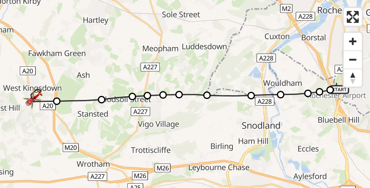 Flight route Air Ambulance Helicopter Rochester Airport - Sevenoaks, 13 May 2026, 12:05