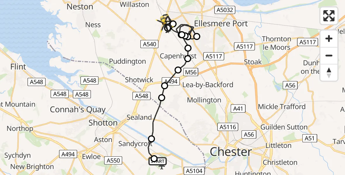 Flight route Police Helicopter Hawarden Airport - Chester, 13 May 2026, 12:15