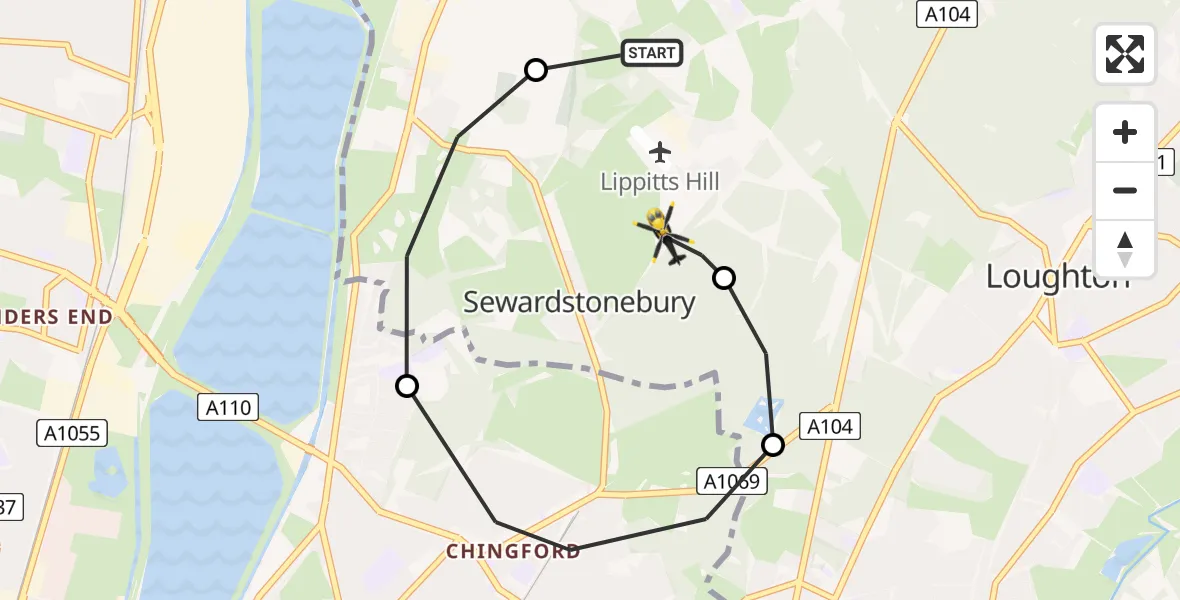 Flight route Police Helicopter Metropolitan Police Air Support Unit Lippitts Hill - Sewardstonebury, 13 May 2026, 12:15