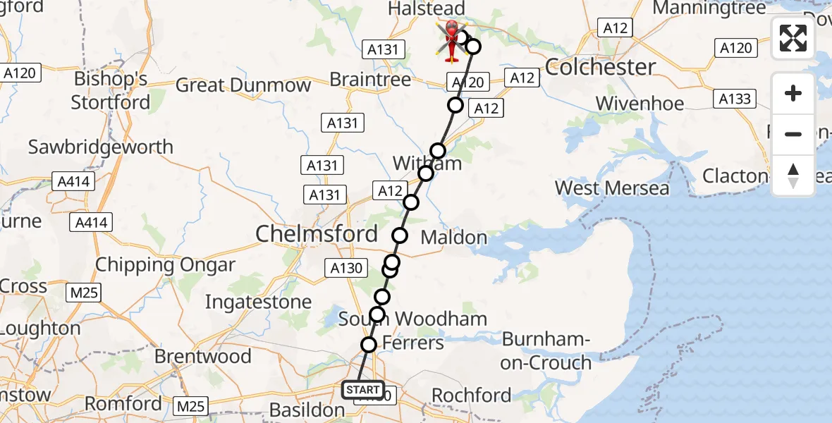 Flight route Air Ambulance Helicopter Basildon - Earls Colne Airfield, 13 May 2026, 12:15