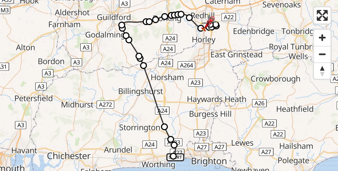 Flight route Air Ambulance Helicopter Brighton City Airport - Redhill Aerodrome, 13 May 2026, 12:16