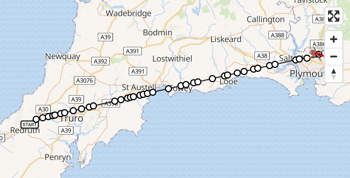 Flight route Air Ambulance Helicopter Redruth - Derriford Hospital, 13 May 2026, 12:17