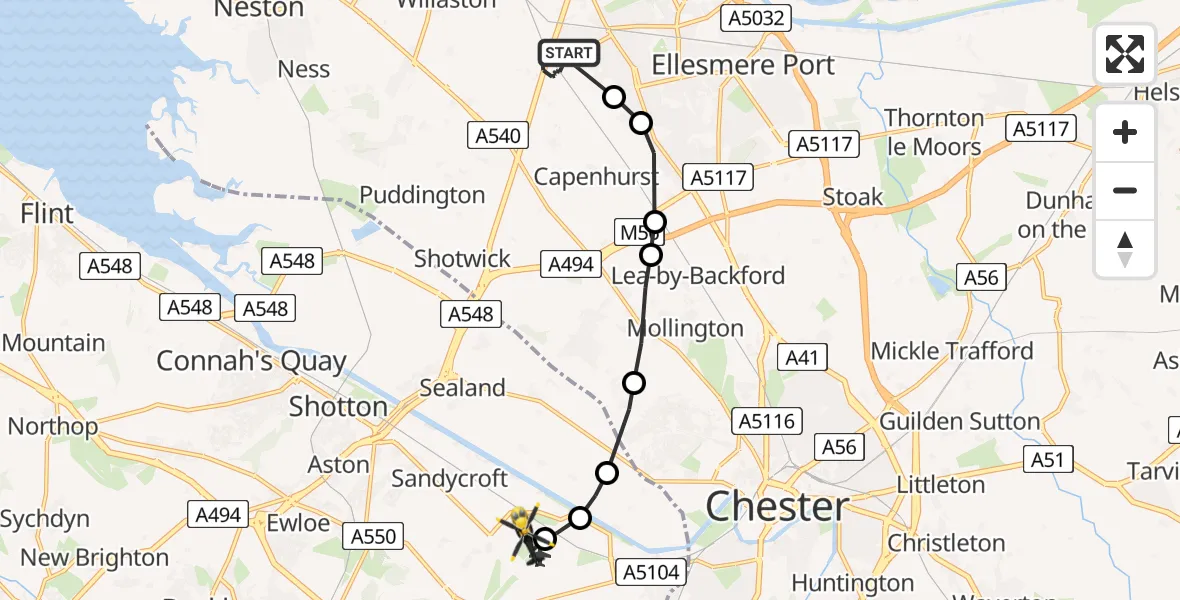 Flight route Police Helicopter Chester - Hawarden Airport, 13 May 2026, 12:34