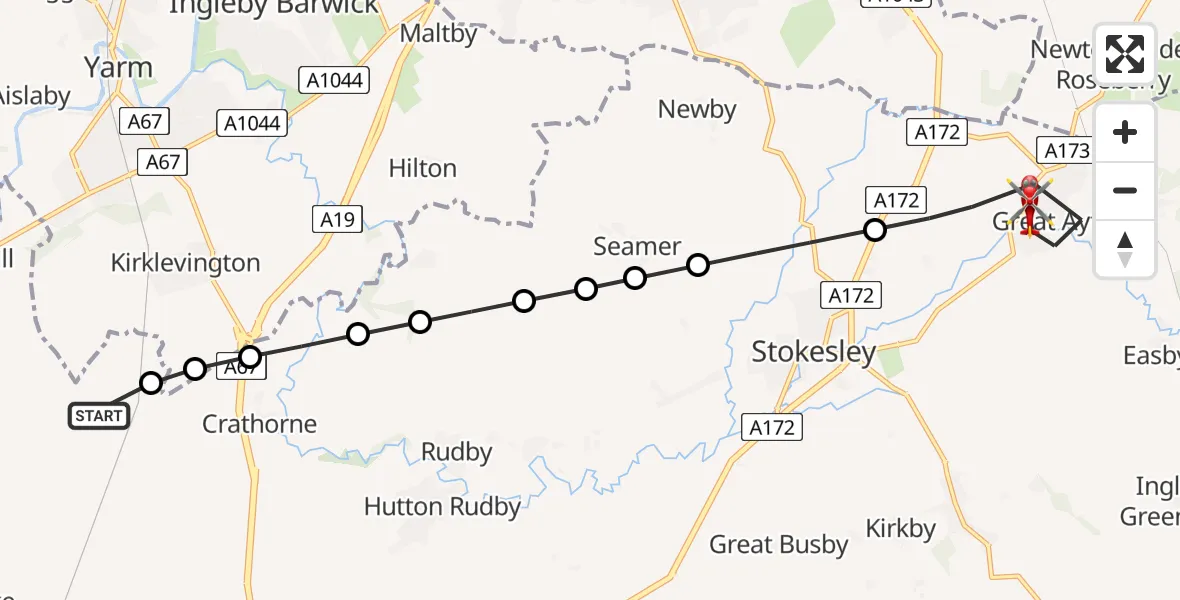 Flight route Air Ambulance Helicopter Appleton Wiske - Great Ayton, 13 May 2026, 12:40