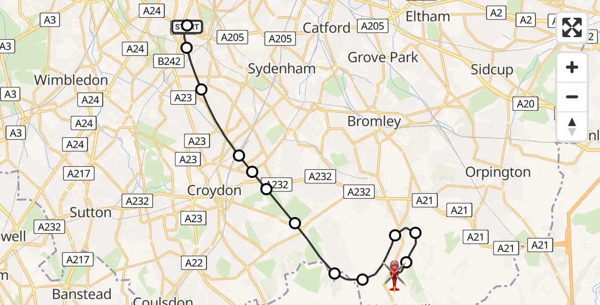 Flight route Air Ambulance Helicopter Streatham Hill - London Biggin Hill Airport, 13 May 2026, 12:46