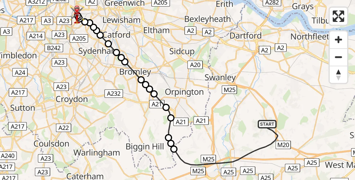 Flight route Air Ambulance Helicopter Sevenoaks - Kings College London Hospital, 13 May 2026, 12:52