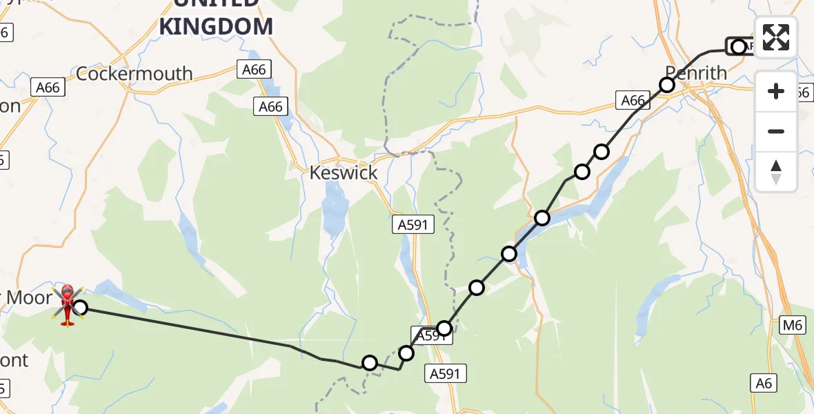 Flight route Air Ambulance Helicopter Edenhall - Ennerdale Bridge, 13 May 2026, 12:52