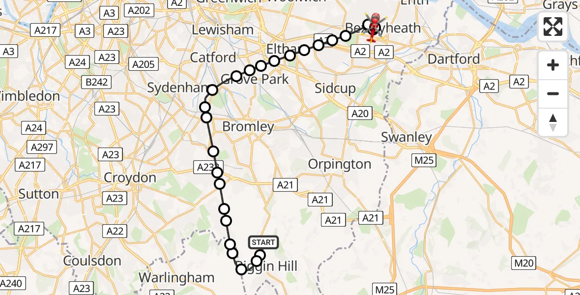 Flight route Air Ambulance Helicopter London Biggin Hill Airport - Blendon, 13 May 2026, 13:12