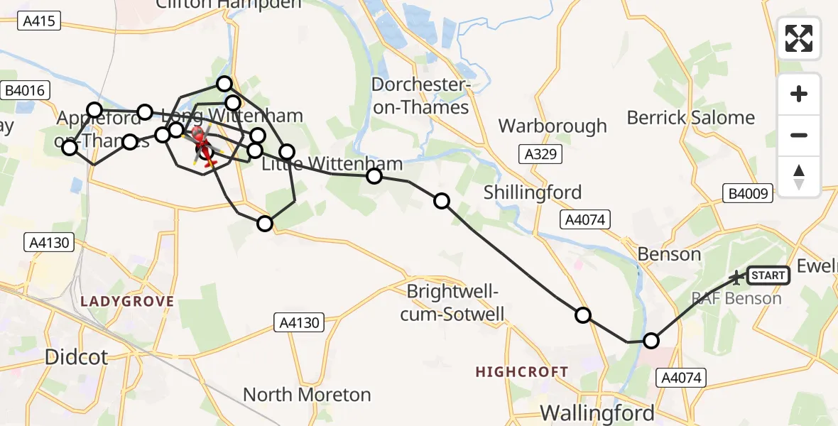Flight route Air Ambulance Helicopter RAF Benson - Clifton Hampden, 13 May 2026, 13:18